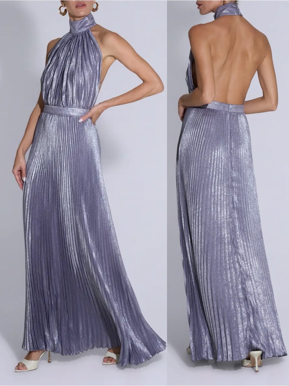 NEW NWT L’IDEE Eden Pleated Halterneck Maxi Dress In Cosmic Shimmer